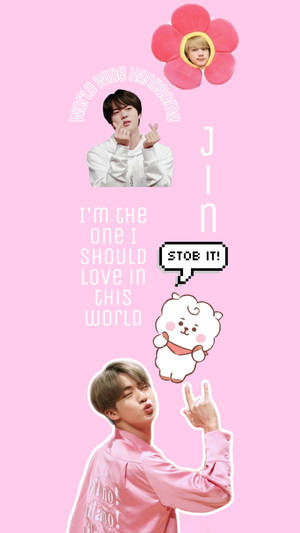 K-pop偶像Jin身穿粉紅色服裝，與卡通羊和有趣的文字在粉紅色背景上