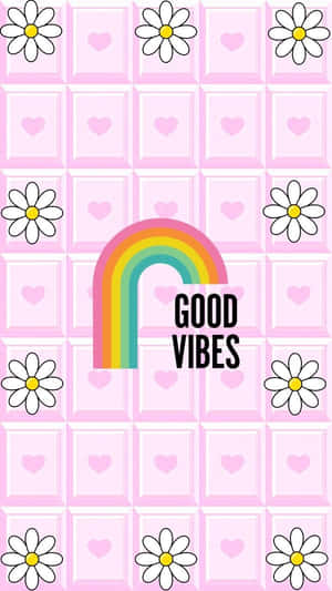 粉紅色網格背景，帶有雛菊、心形和彩虹，傳達good vibes — 鎖屏 壁紙