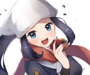 戴白帽的動漫女孩在雪景中手持精靈球 — 可愛動漫女仔 壁紙
