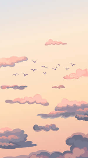 粉紅色同紫色嘅雲，雀鳥喺柔和嘅漸變天空中飛翔。 — 雲朵 壁紙