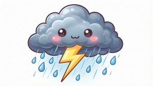 一朵微笑的灰色雲，臉頰紅潤，正在下雨並擊出一道黃色閃電。