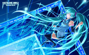 動漫角色初音未來在發光的藍色數位環境中跳舞。