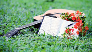 原聲結他 音樂書 紅色花朵 綠色草地