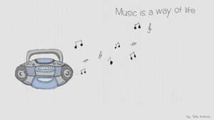 一個微笑的卡通手提音響播放音樂，帶有漂浮的音符和短語「Music is a way of life」。