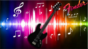 黑色Fender低音結他被音符和聲波圖形包圍。