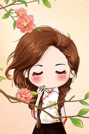 動漫女孩編著辮子，聞著樹枝上的粉紅色花朵。