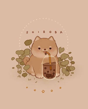 一隻卡通柴犬喝著珍珠奶茶，周圍有心形葉子和星星。