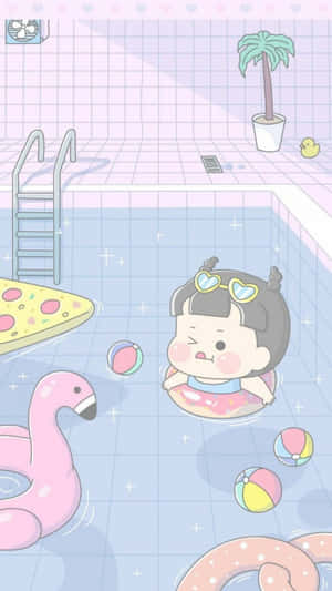 一個卡通女孩在泳池中，周圍有充氣玩具和棕櫚樹。 — 卡通 壁紙