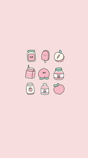 九個桃子主題卡通物品，帶有表情，在粉紅色背景上。 — 美學手機GIF 壁紙