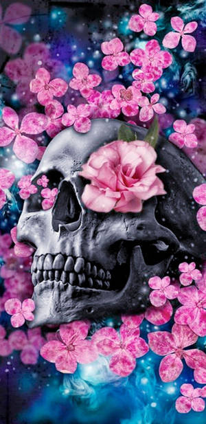 宇宙空間中帶有粉紅玫瑰和花朵的頭骨