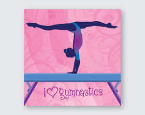 體操運動員在平衡木上倒立，背景為粉紅色旋轉圖案和i heart gymnastics文字。