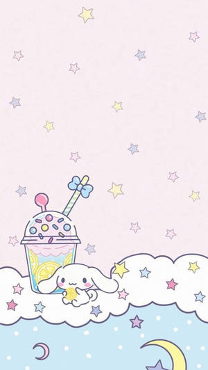 可愛兔子在雲上與檸檬水杯，背景是星空和新月。