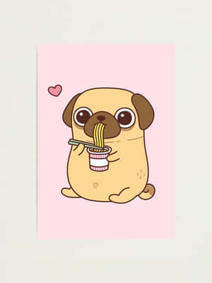 一隻卡通八哥犬用筷子從杯子裡吃麵條，頭頂上有一個心形。