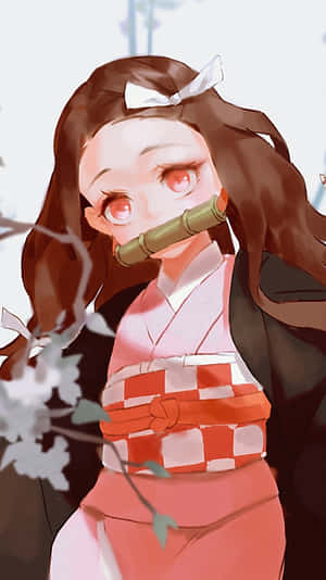 動漫女孩穿著粉紅色和服，戴著竹製口塞，在櫻花下