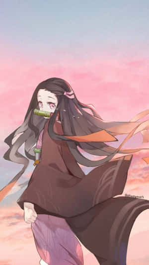 長黑髮的動漫女孩在粉紅色天空下拿著竹笛。