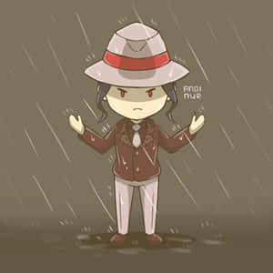 穿著雨衣和軟呢帽的Q版偵探站在傾盆大雨中，面露惱怒。