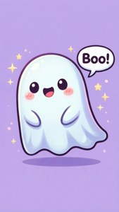 一個臉頰紅潤的快樂鬼魂在紫色背景上被星星圍繞着說「Boo!」。 — 萌 壁紙