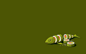 一條由壽司卷組成的卡通魚在橄欖色背景上。 — 藝術 壁紙