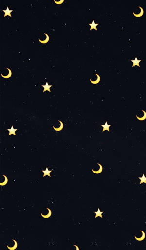 在黑暗夜空背景下，金色星星和月亮的天體圖案。
