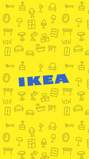 帶有家具圖標和藍色 IKEA 標誌的黃色牆紙。
