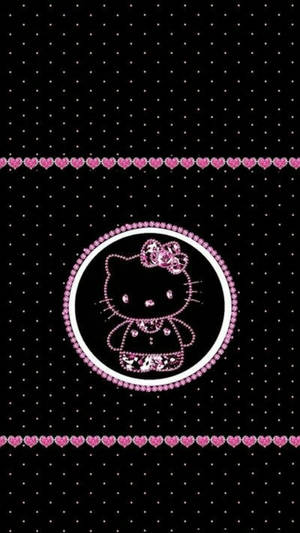 Hello Kitty 在粉紅色閃粉框架內，位於黑色圓點背景上，帶有心形邊框。