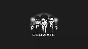 三個穿著西裝和太陽眼鏡的插圖人物，手持發光魔杖，下方有 obliviate 一詞。