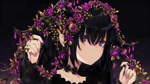 黑髮紫眼的動漫女孩，戴著花冠。