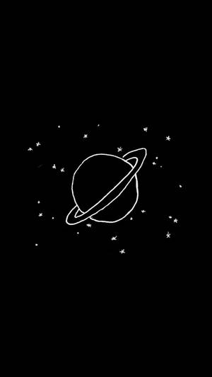 一個簡單的白色線條行星，帶有光環和星星，背景為黑色。 — 星際寶貝 壁紙