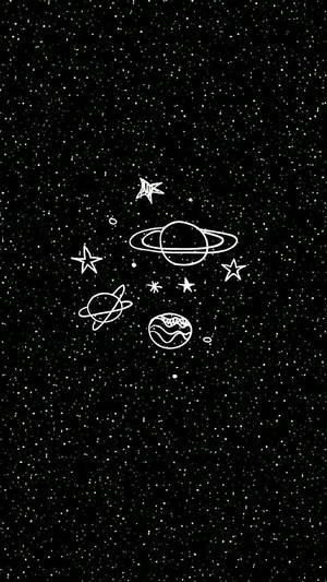 在黑色星空背景上以白色線條繪製的風格化行星和星星。 — 可愛星系 壁紙