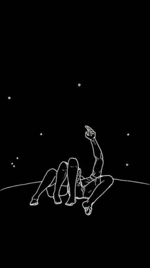 一個人躺在彎曲的地平線上，以極簡線條藝術風格指著星星。 — 可愛情侶 GIF 壁紙