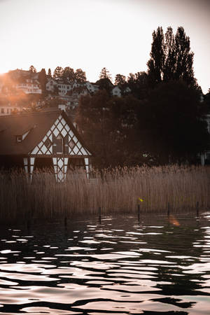 金色夕陽下，蘆葦和山坡房屋旁的湖邊半木結構房屋 — 河景 壁紙