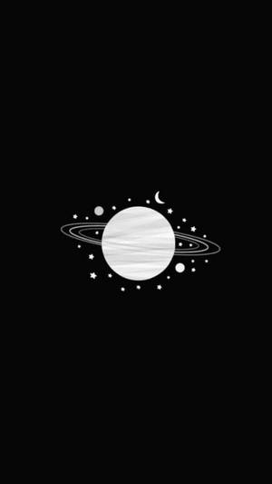 一個風格化的行星，帶有光環和星星，背景為黑色。