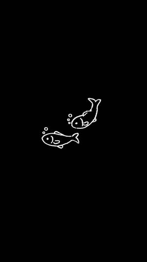 兩條簡單的白色線條魚在黑色背景上向上游動，帶有氣泡。