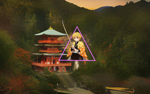 動漫戰士持劍在紫色三角形內，前方是秋山夕陽下的紅色寶塔。