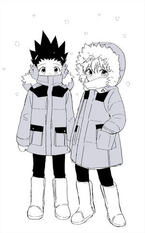 兩個動漫角色裹著冬季外套和靴子，站在飄落的雪中。