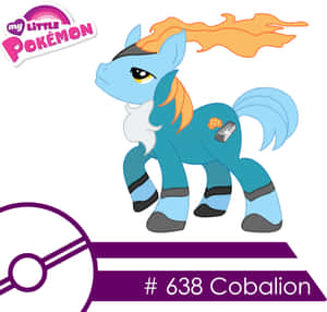 藍色小馬，橙色火焰鬃毛和盔甲，標籤為#638 Cobalion，旁邊有精靈球標誌。