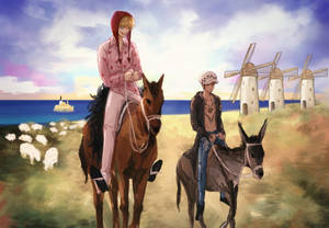 兩個動漫角色在日落時分騎著馬和驢子靠近風車和羊群。 — 海賊王 壁紙