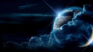 地球在宇宙雲層中發光，星空下 — 唯美雲朵動態 壁紙