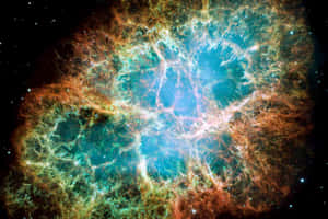 充滿活力的宇宙星雲，在繁星點點的黑色虛空中，有漩渦狀的藍綠色和橙色氣體。