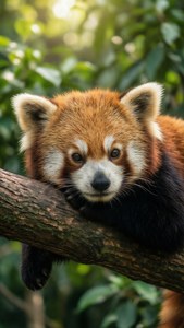 小熊貓在森林中樹枝上休息，有綠葉和陽光