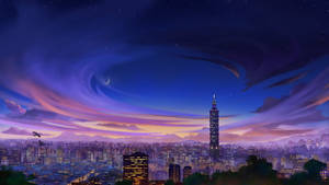 在旋轉的紫色黃昏天空下，新月和星星照耀的城市天際線。 — 唐人街 GIF 壁紙