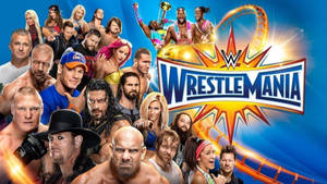 WWE WrestleMania活動海報，展示著名摔角手的動作姿勢。
