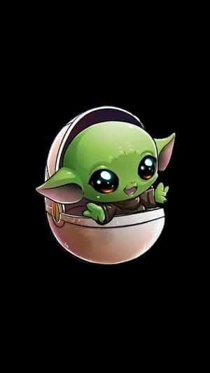 一個開心的 Baby Yoda 從圓形容器中探出頭來。