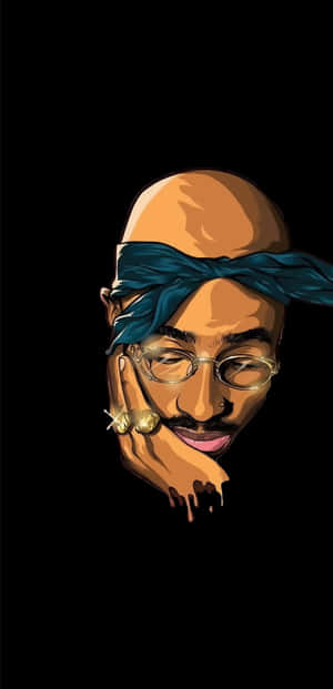 Tupac Shakur肖像，戴著藍色頭巾和金框眼鏡，黑色背景