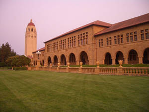 大學校園，石頭建築和綠色草坪，粉紅色天空