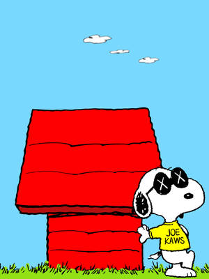 Snoopy 戴著太陽眼鏡，身穿黃色 Joe KAWS 襯衫，站在紅色狗屋旁。