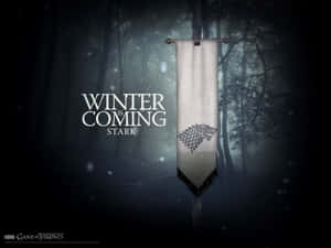 史塔克家族旗幟與冰原狼徽章，在雪林中配上 winter is coming 文字。