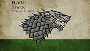 House Stark 冰原狼徽章，帶有「Winter Is Coming」文字，位於有紋理的背景上。
