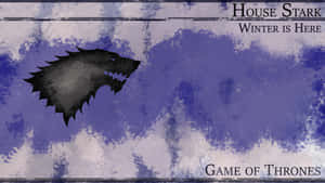史塔克家族冰原狼徽章，在多雲紫色背景上有 winter is here 文字。