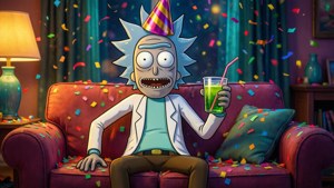 瑞克·桑切斯在沙發上，伴隨著飄落的五彩紙屑，手持飲料和派對帽慶祝。